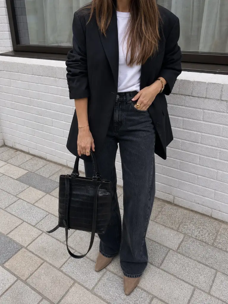 Black blazer with white tee and dark wash wide-leg jeans with pointed boots