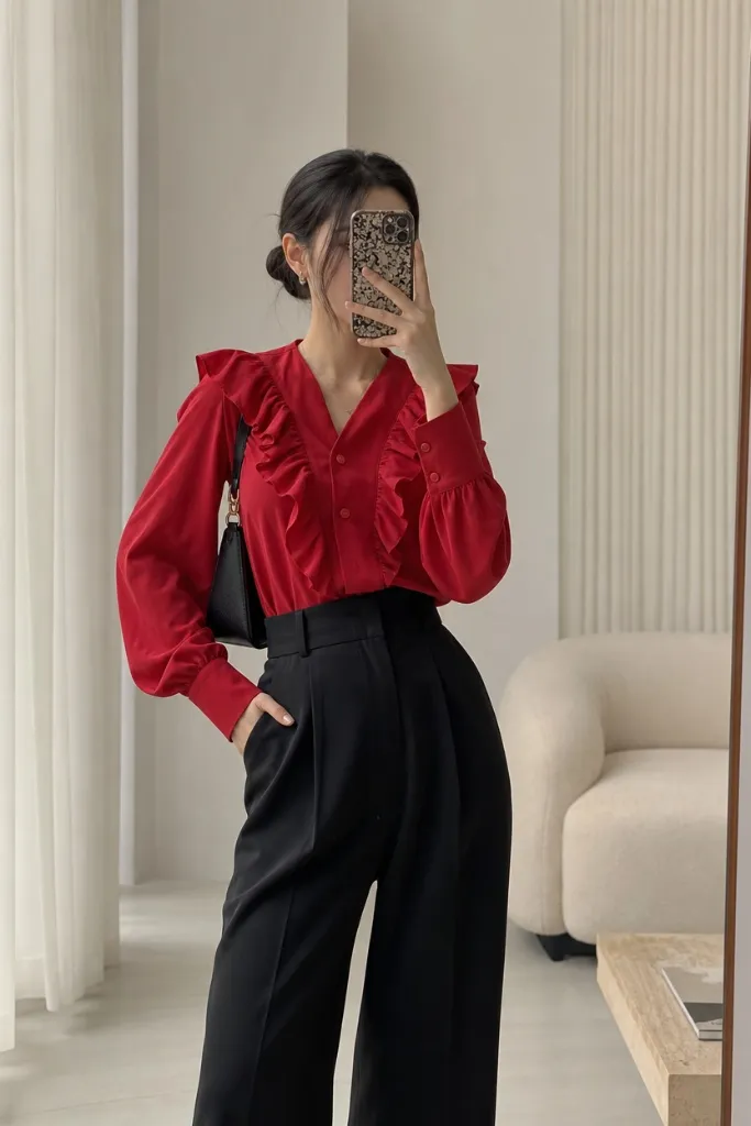 Red ruffle blouse with black trousers