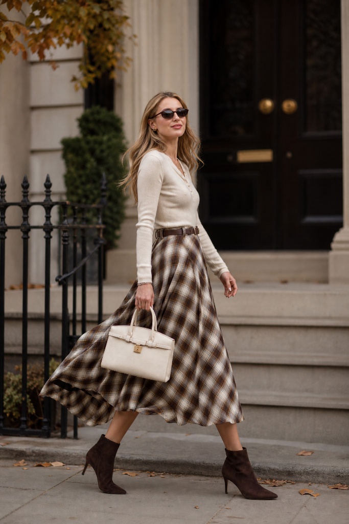 Woman walking in cream knit top, brown plaid midi skirt and suede ankle boots