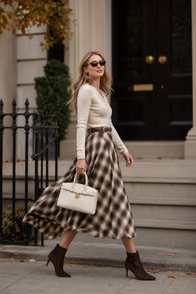 Woman walking in cream knit top, brown plaid midi skirt and suede ankle boots