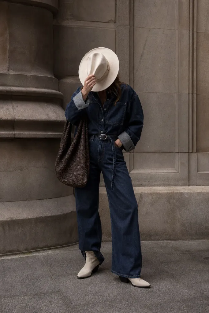 Dark denim on denim outfit with white hat and cream boots