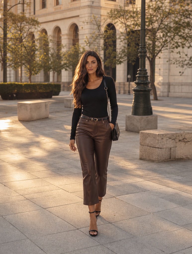 Black long-sleeve scoop neck top with brown leather cropped flare pants and strappy heels