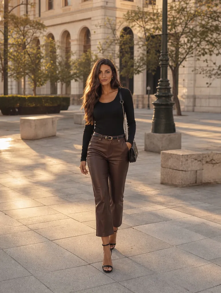 Black long-sleeve scoop neck top with brown leather cropped flare pants and strappy heels