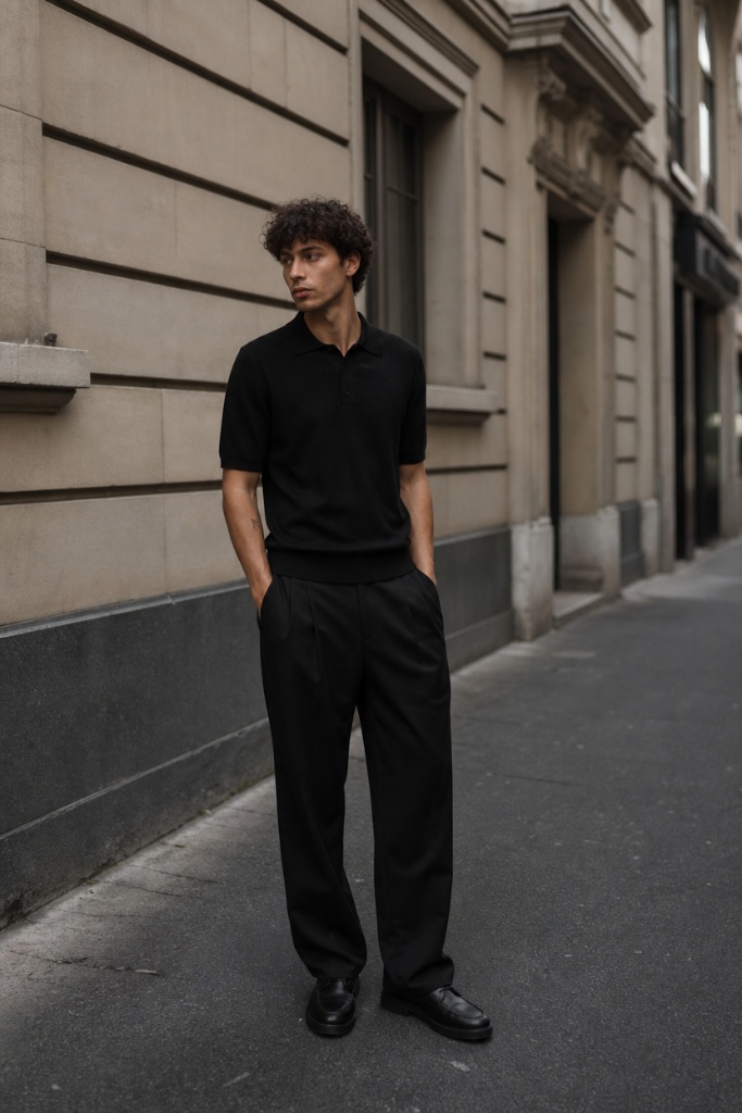 Monochromatic all-black men's outfit with knit polo shirt and pleated wide-leg trousers