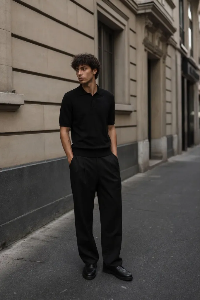 Monochromatic all-black men's outfit with knit polo shirt and pleated wide-leg trousers