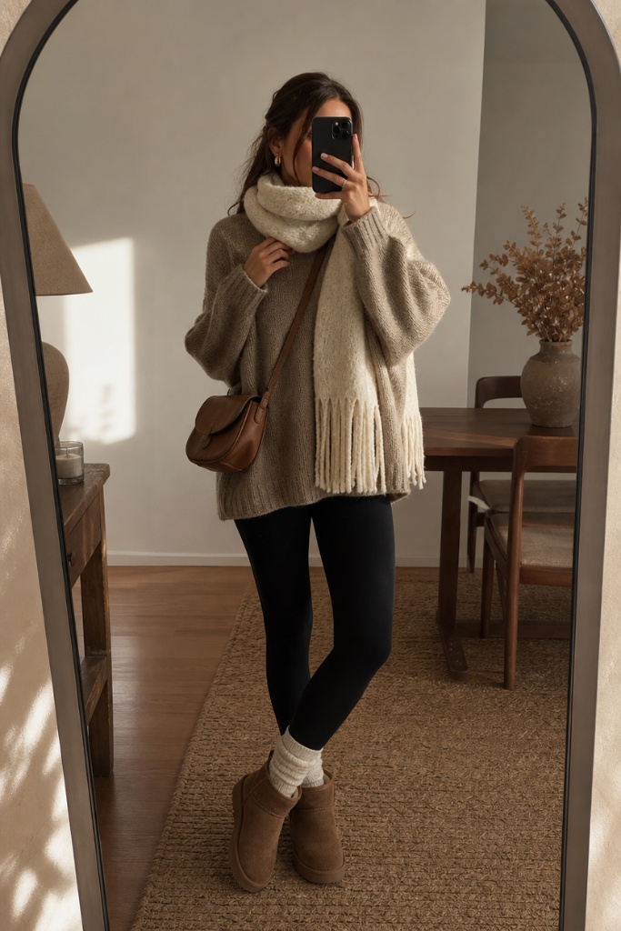 Beige chunky knit sweater with scarf, black leggings and brown ultra mini boots