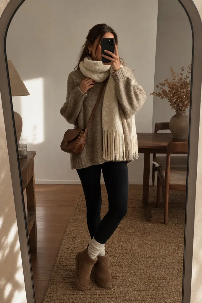 Beige chunky knit sweater with scarf, black leggings and brown ultra mini boots