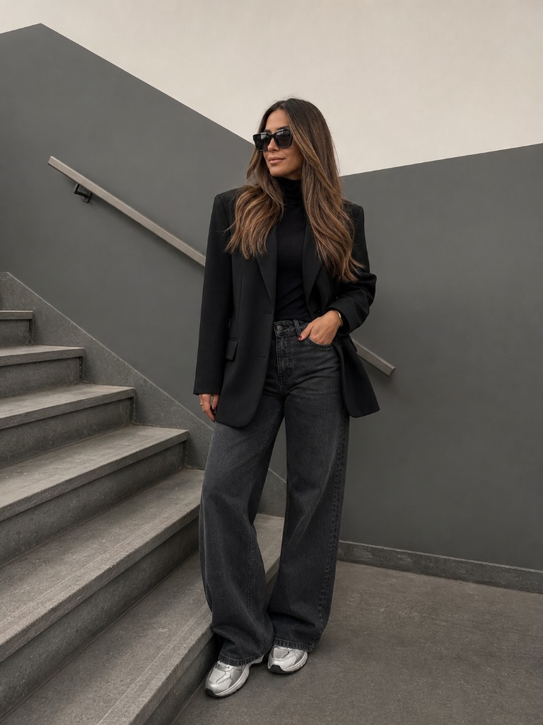 Black blazer with black turtleneck and dark wide-leg jeans