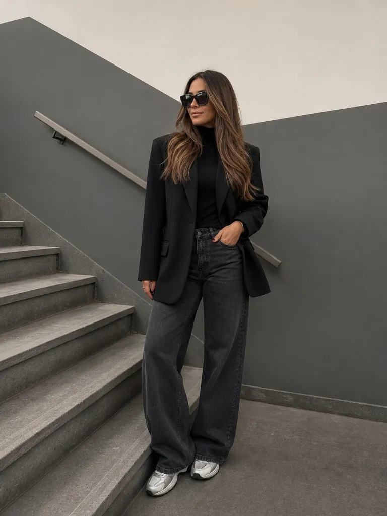 Black blazer with black turtleneck and dark wide-leg jeans