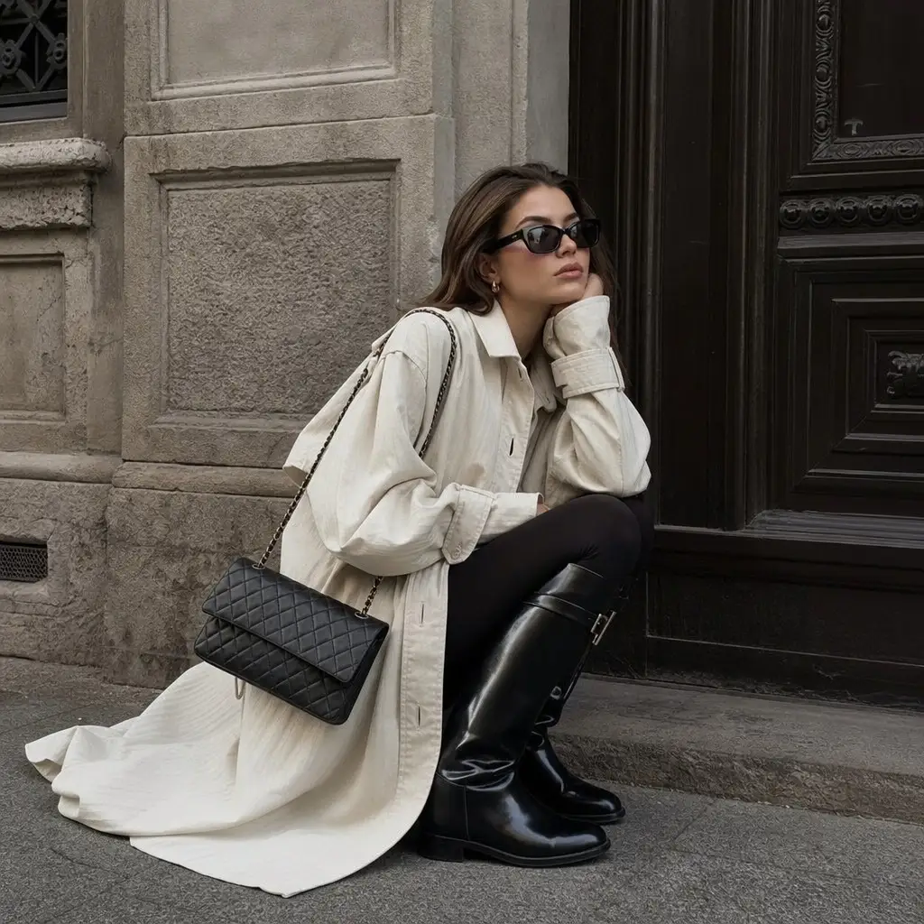 Cream oversized coat with black leggings and tall black riding boots
