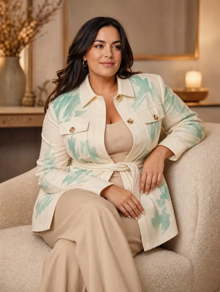 Cream and mint printed belted jacket with beige trousers