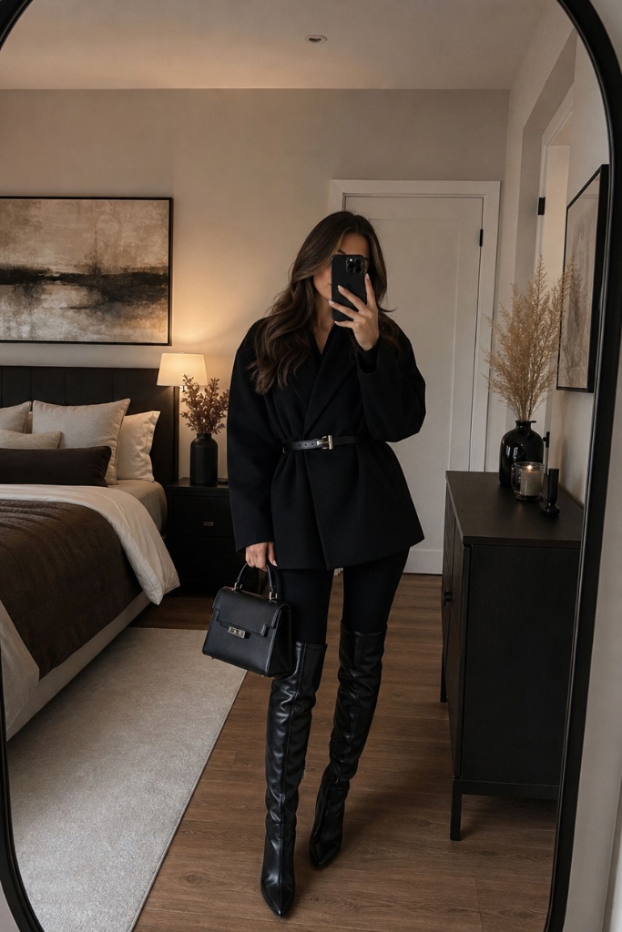 Black belted wool coat with black leggings and tall black thigh-high boots