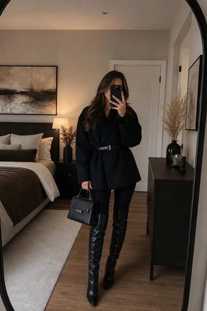 Black belted wool coat with black leggings and tall black thigh-high boots