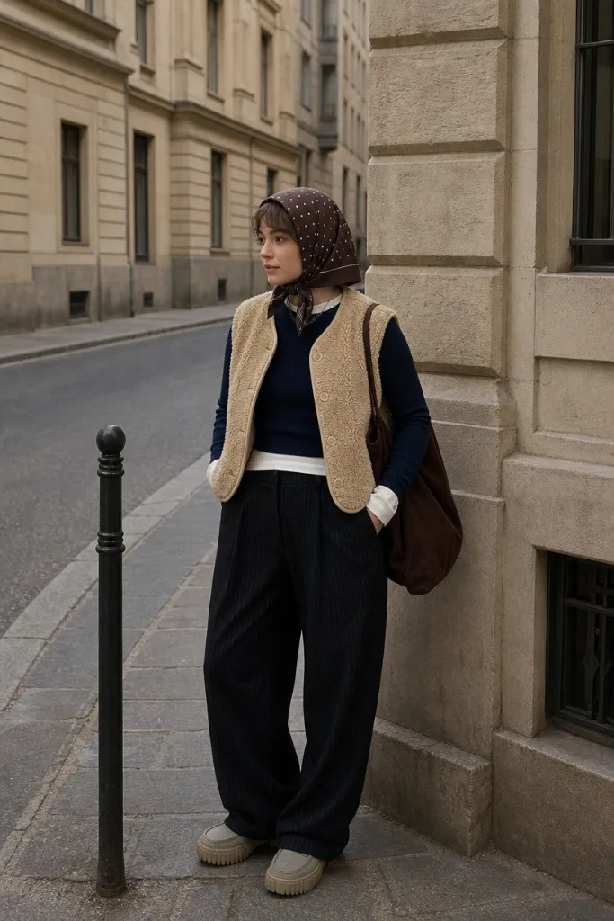 Polka dot headscarf with shearling vest and navy outfit