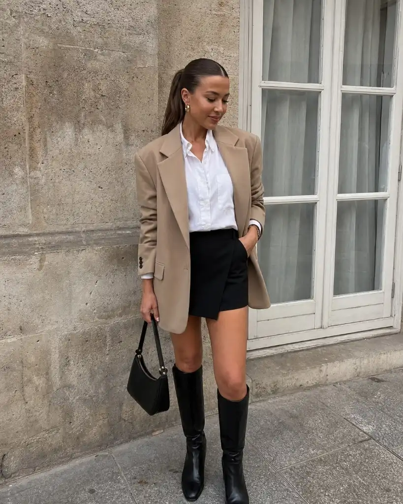 Camel oversized blazer with white shirt, black mini skirt, and black knee-high boots