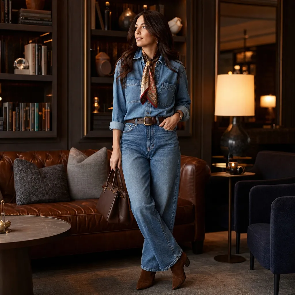 Double denim outfit with silk scarf and brown boots