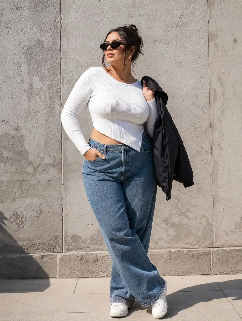 White fitted top with wide-leg jeans and black bomber over shoulder