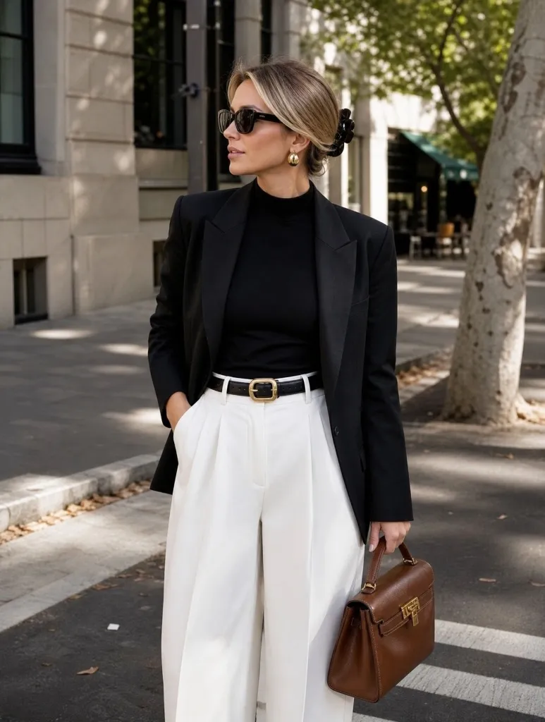Black blazer over a black turtleneck with white wide-leg trousers and a brown leather bag