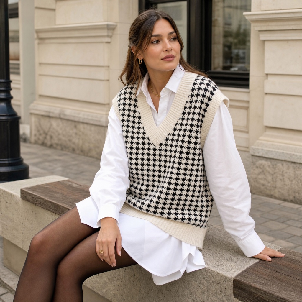 Houndstooth vest over long white shirt with black tights
