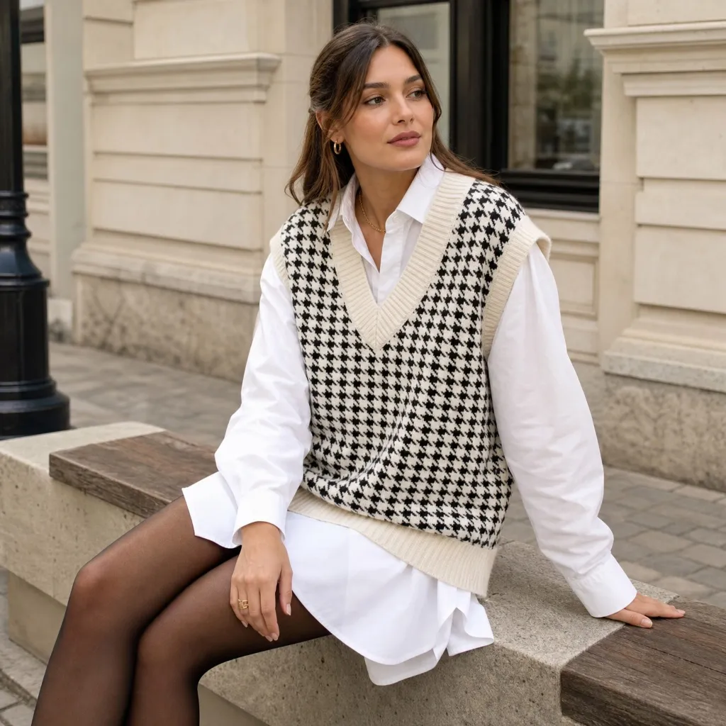 Houndstooth vest over long white shirt with black tights