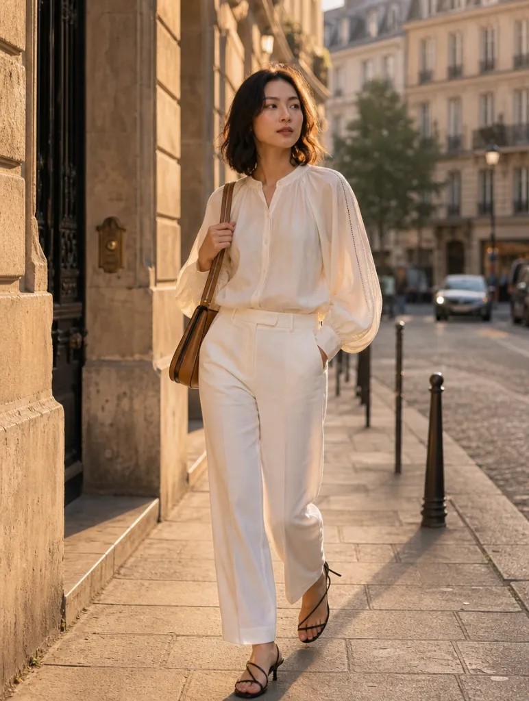 Cream sheer blouse with white wide-leg trousers and strappy sandals walking in Paris