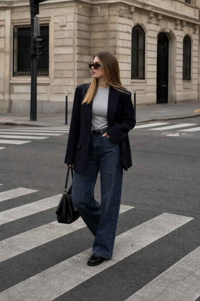 Navy oversized blazer with grey tee and wide jeans