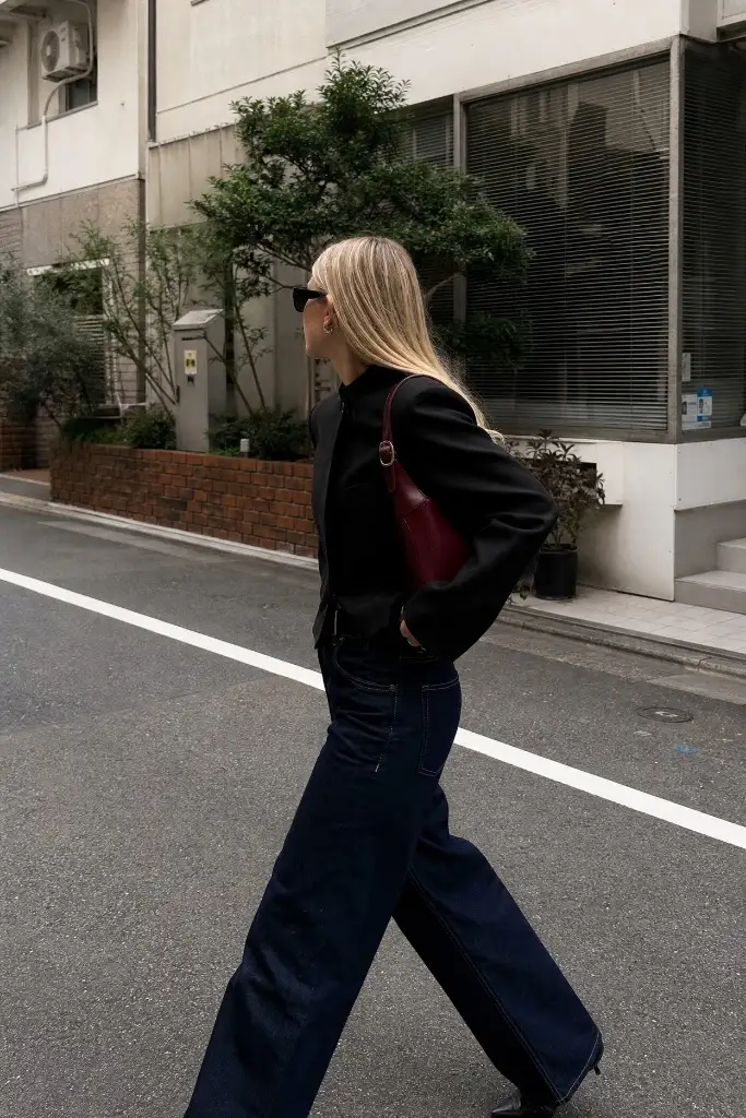Black jacket with dark wide jeans and burgundy shoulder bag