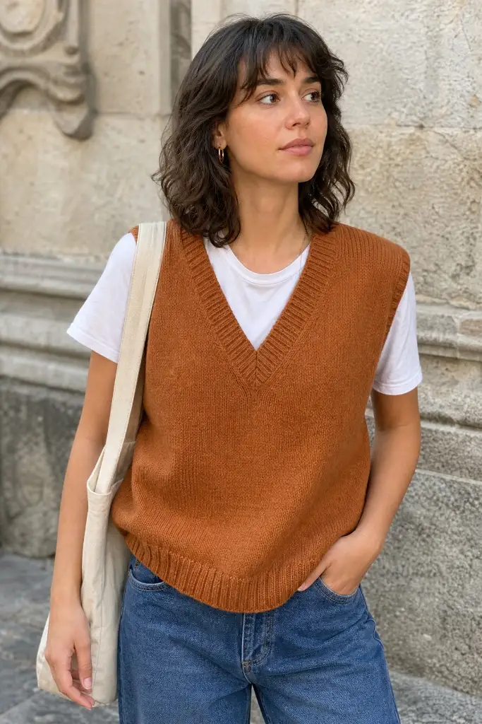 Rust orange sweater vest over white tee with blue jeans