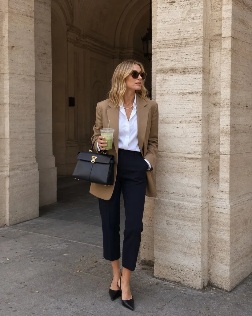 Camel oversized blazer with white button-down, navy cropped trousers, and black pointed mules