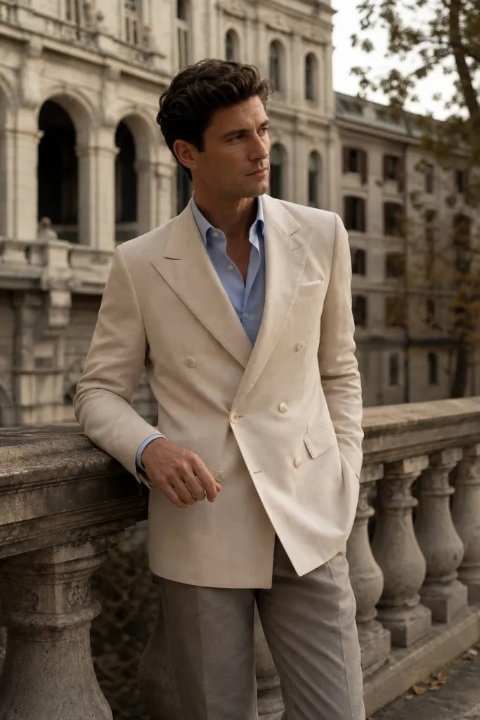 Sophisticated men's look with cream double-breasted blazer and light blue open-collar shirt