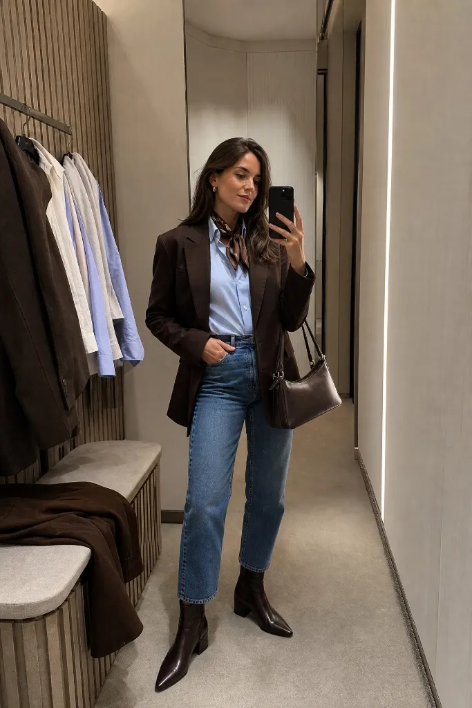 Chocolate brown blazer over a light blue shirt with a silk neck scarf, straight blue jeans, and brown ankle boots