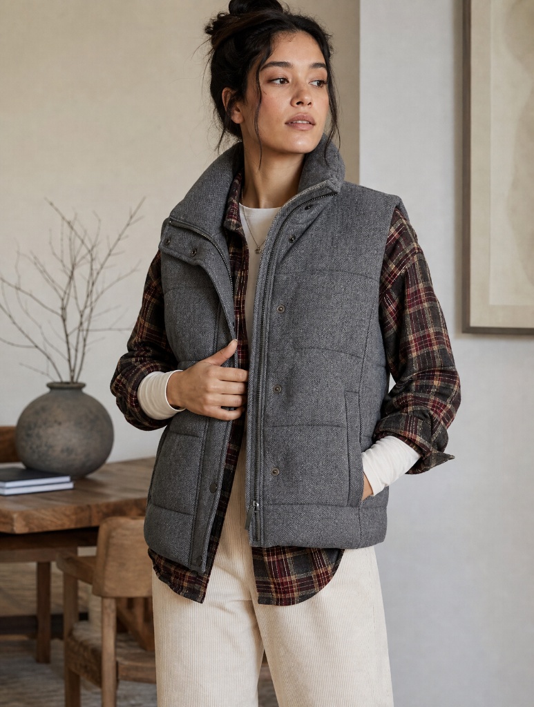 Gray wool puffer vest over plaid shirt with cream corduroy pants