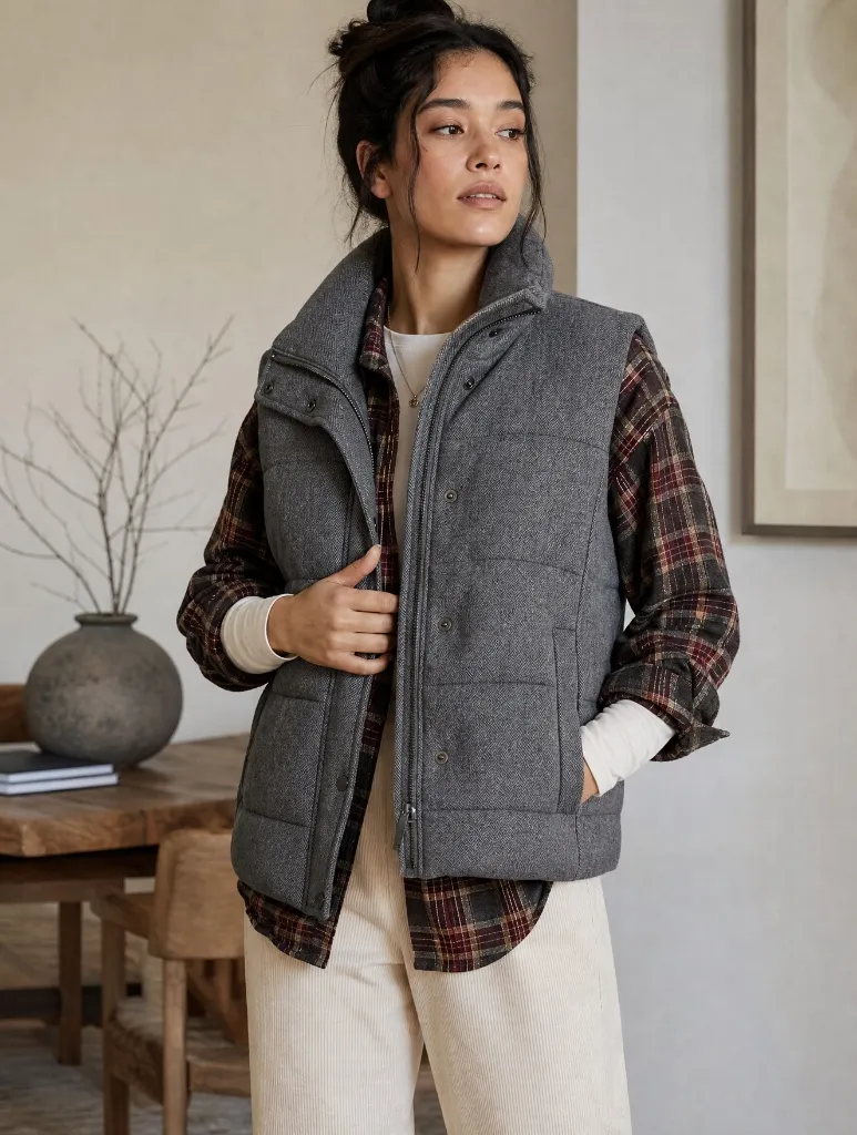 Gray wool puffer vest over plaid shirt with cream corduroy pants