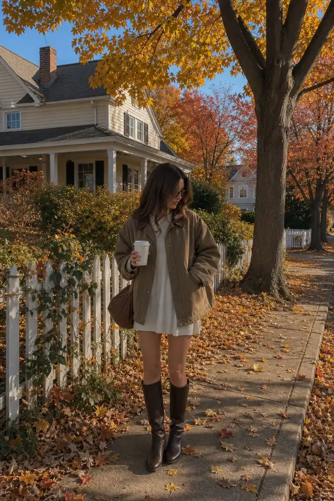 Tan jacket over white dress with brown boots on autumn sidewalk