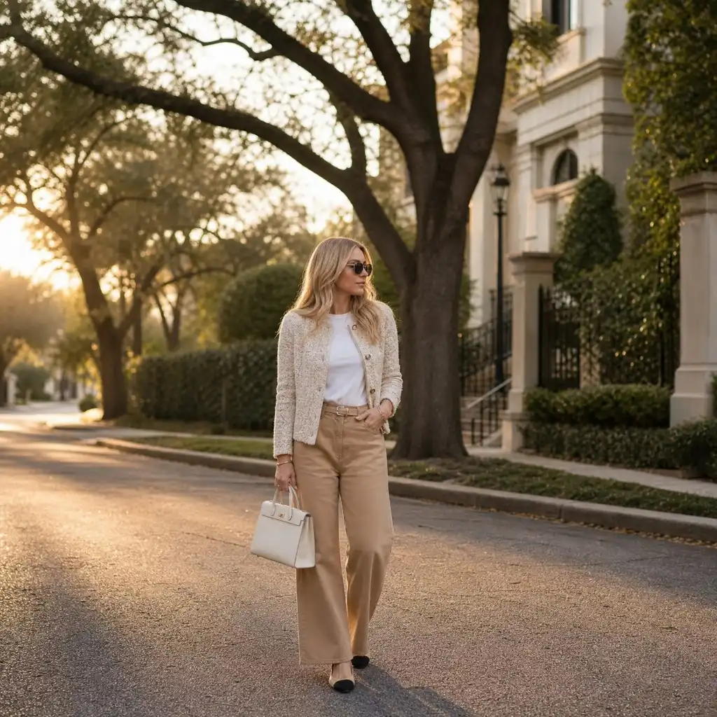 Cream boucle cardigan with tan wide-leg trousers and bag
