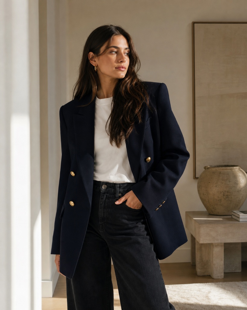 Navy blazer with gold buttons, white tee, and dark jeans
