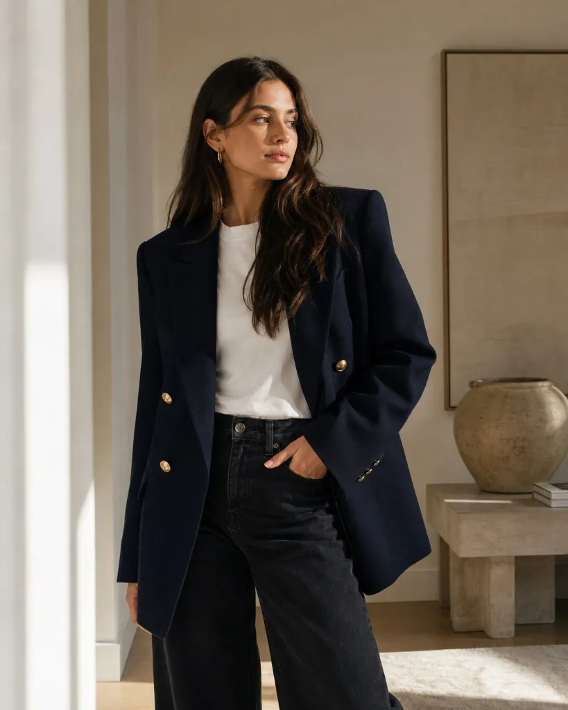 Navy blazer with gold buttons, white tee, and dark jeans