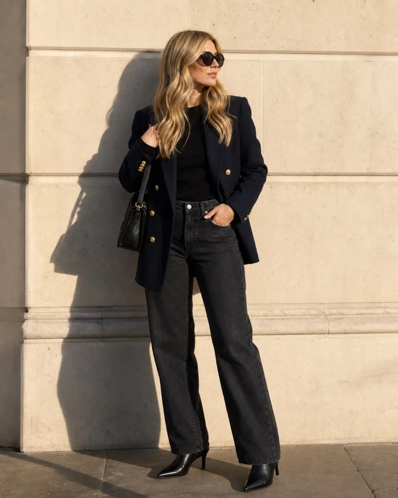 Navy double-breasted blazer with dark jeans and pointed black boots