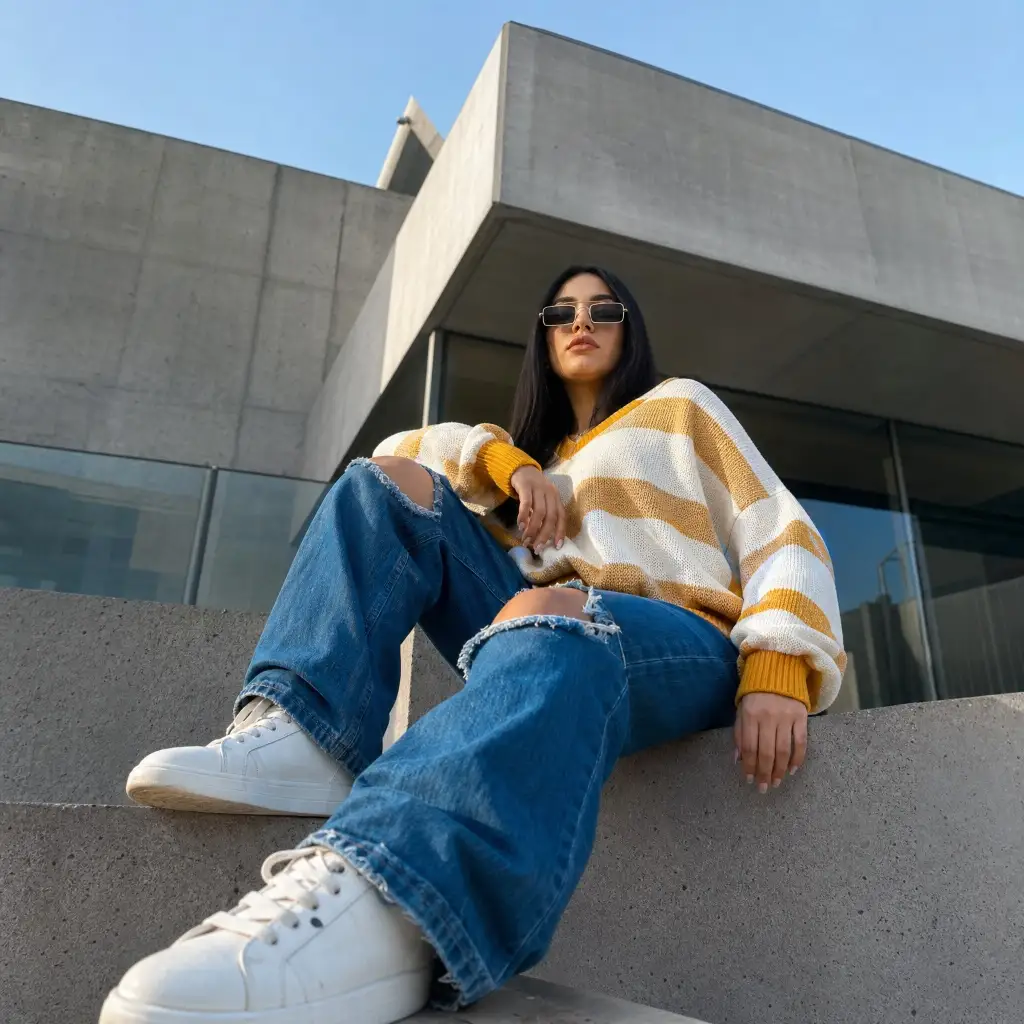 Yellow striped sweater with ripped baggy jeans and white sneakers