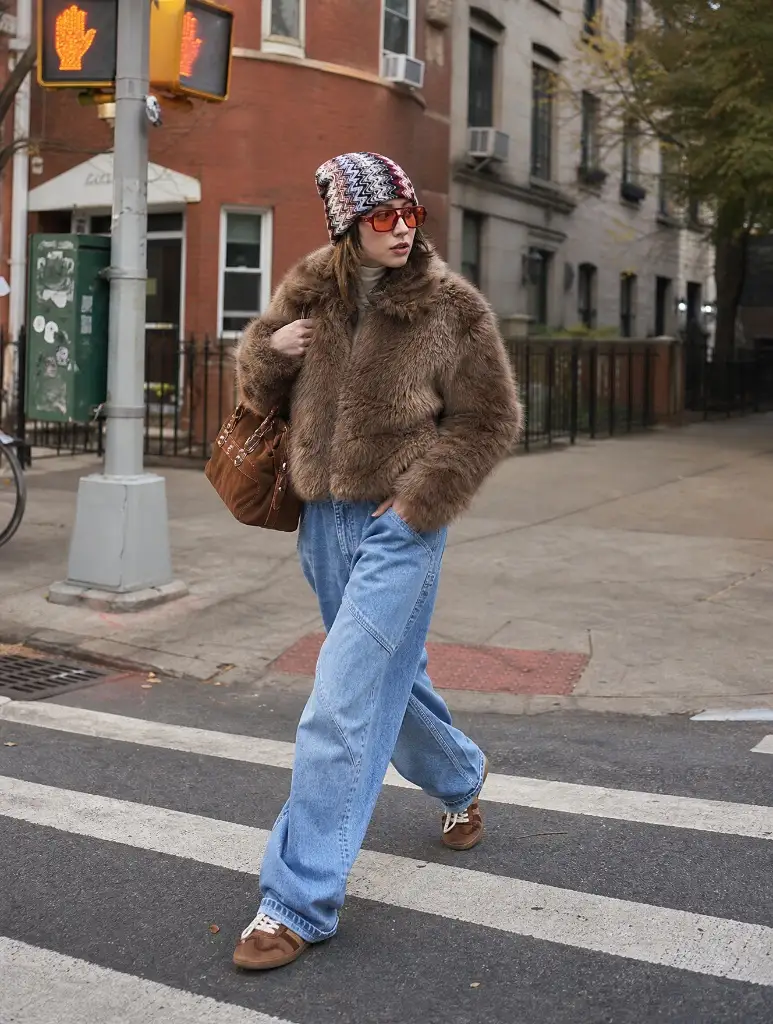 Brown faux fur jacket with patterned beanie and light jeans