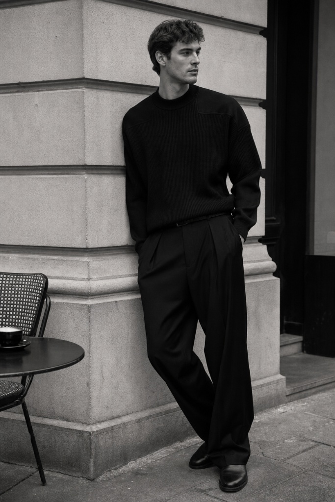 Black and white editorial photo of man in black ribbed crewneck sweater and wide-leg black trousers