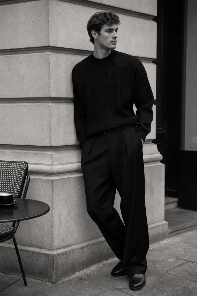 Black and white editorial photo of man in black ribbed crewneck sweater and wide-leg black trousers