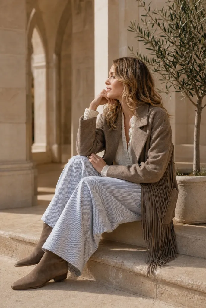 Neutral blazer with wide-leg pants and suede boots