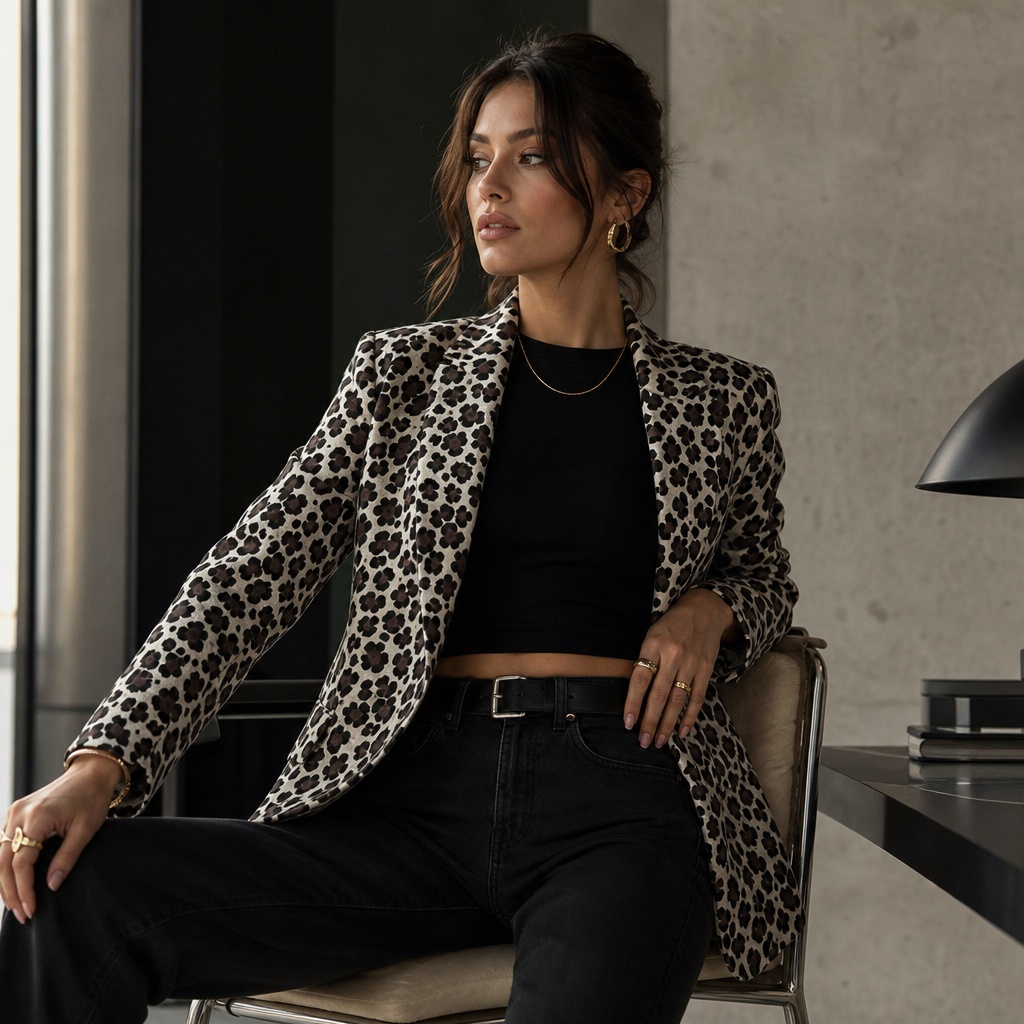 Leopard print blazer over all-black outfit with gold accessories