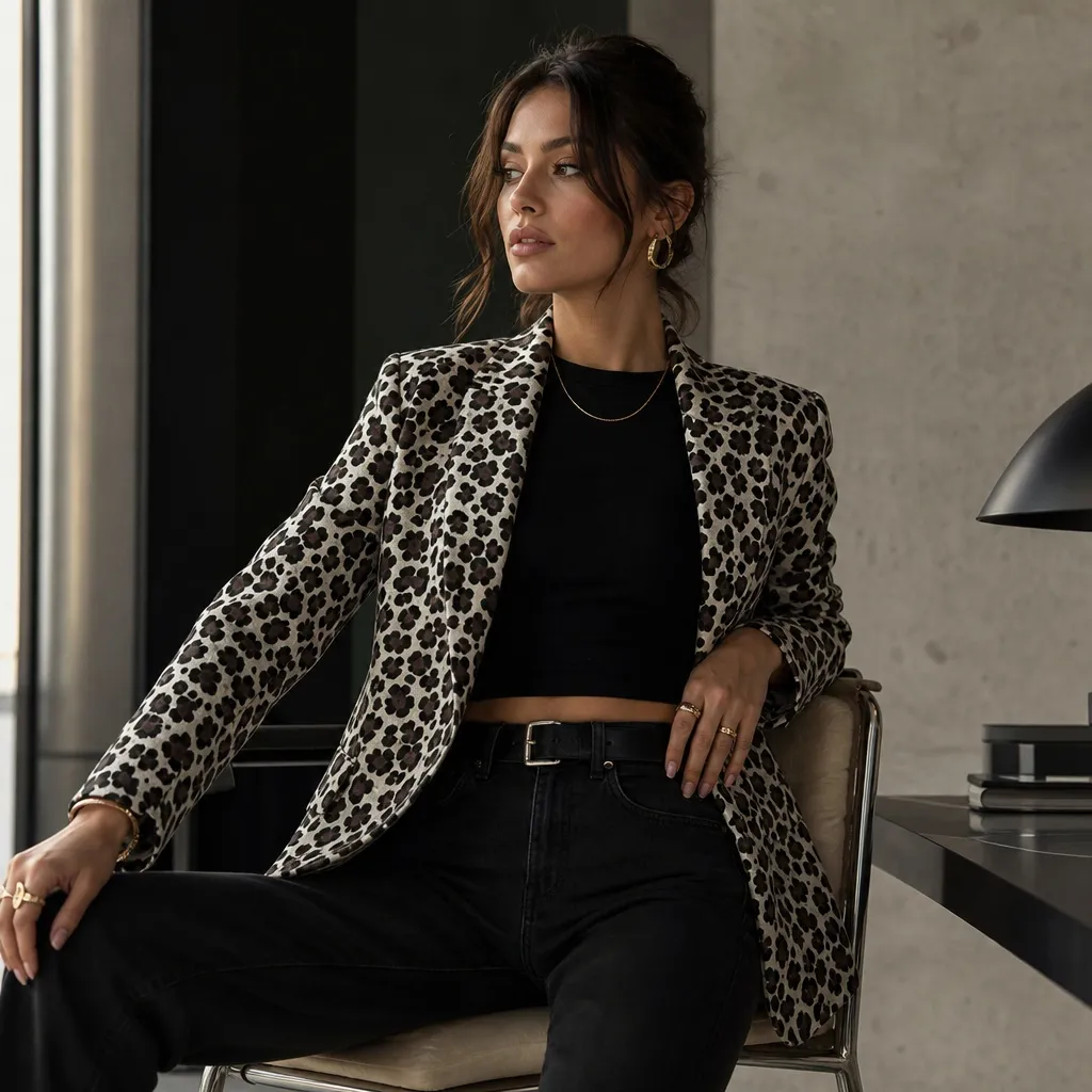 Leopard print blazer over all-black outfit with gold accessories