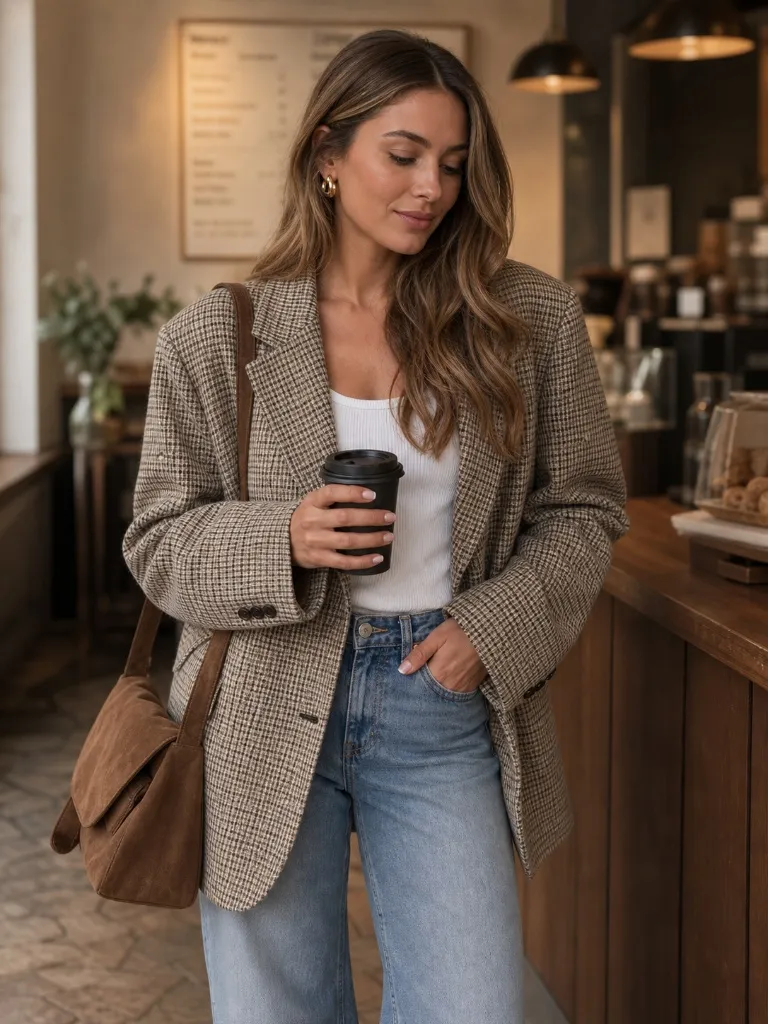 Brown checked oversized blazer with white tank and light-wash jeans in a coffee shop