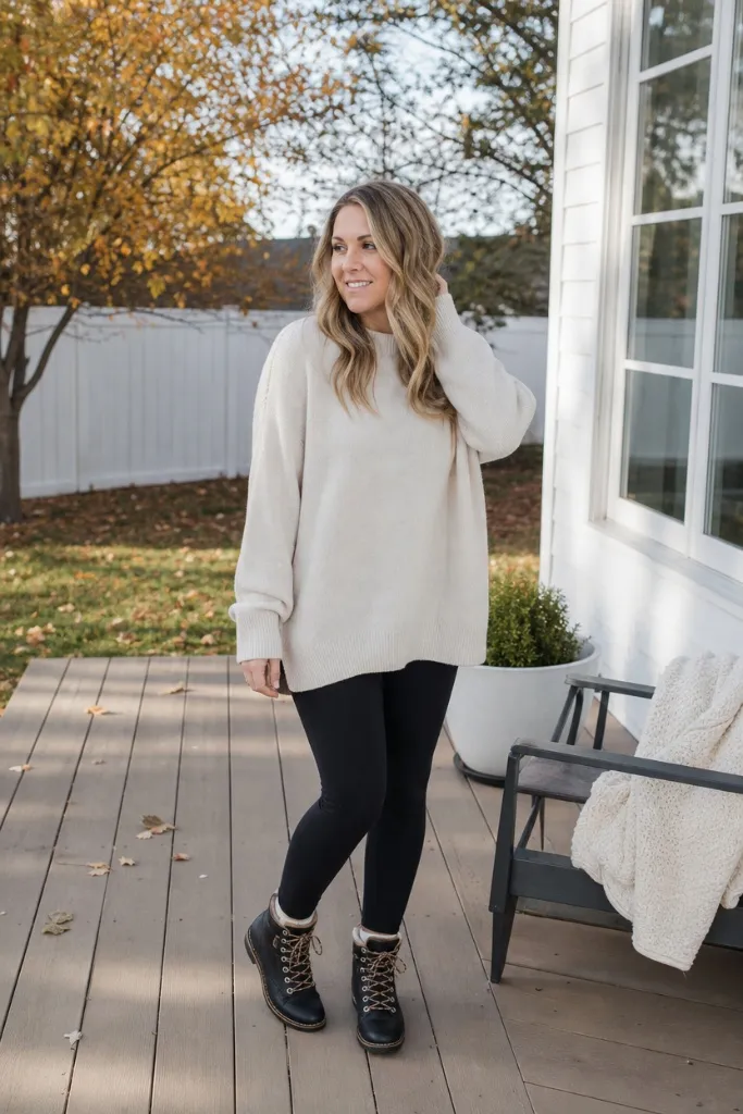 Cream oversized sweater with black leggings and black hiking-style boots