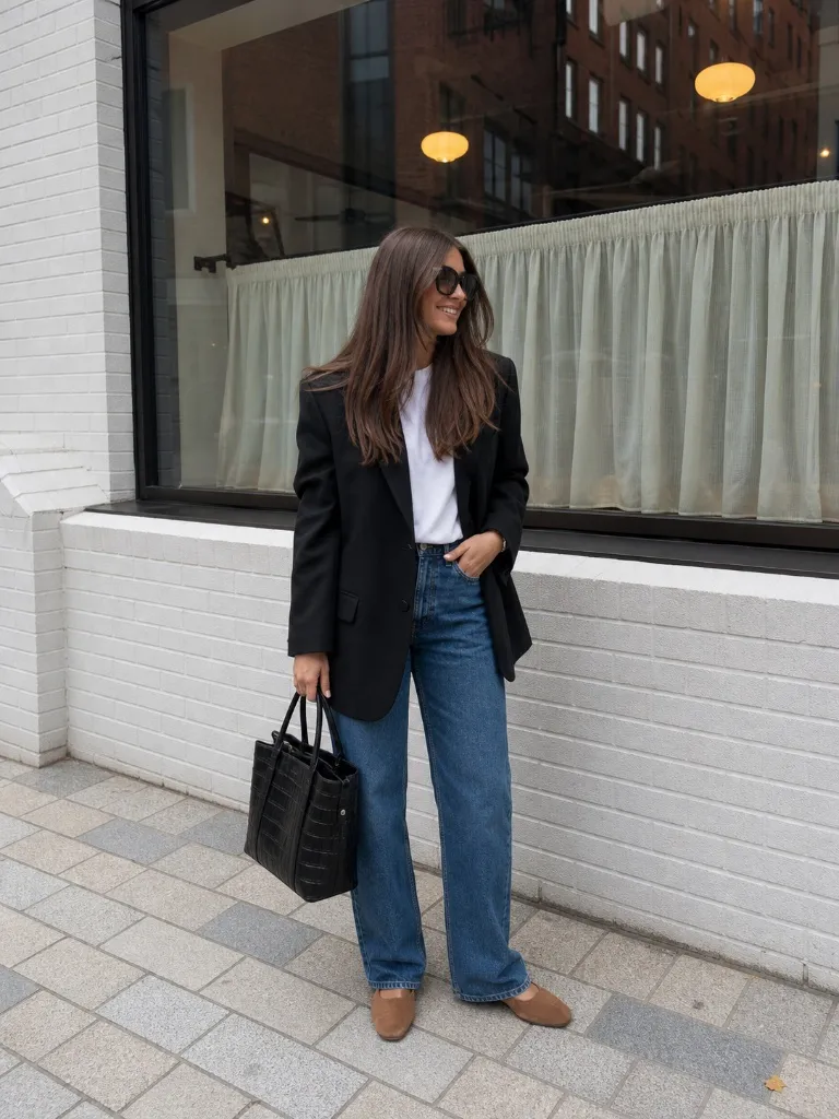 Black blazer with white tee and medium-wash blue jeans with tan mules