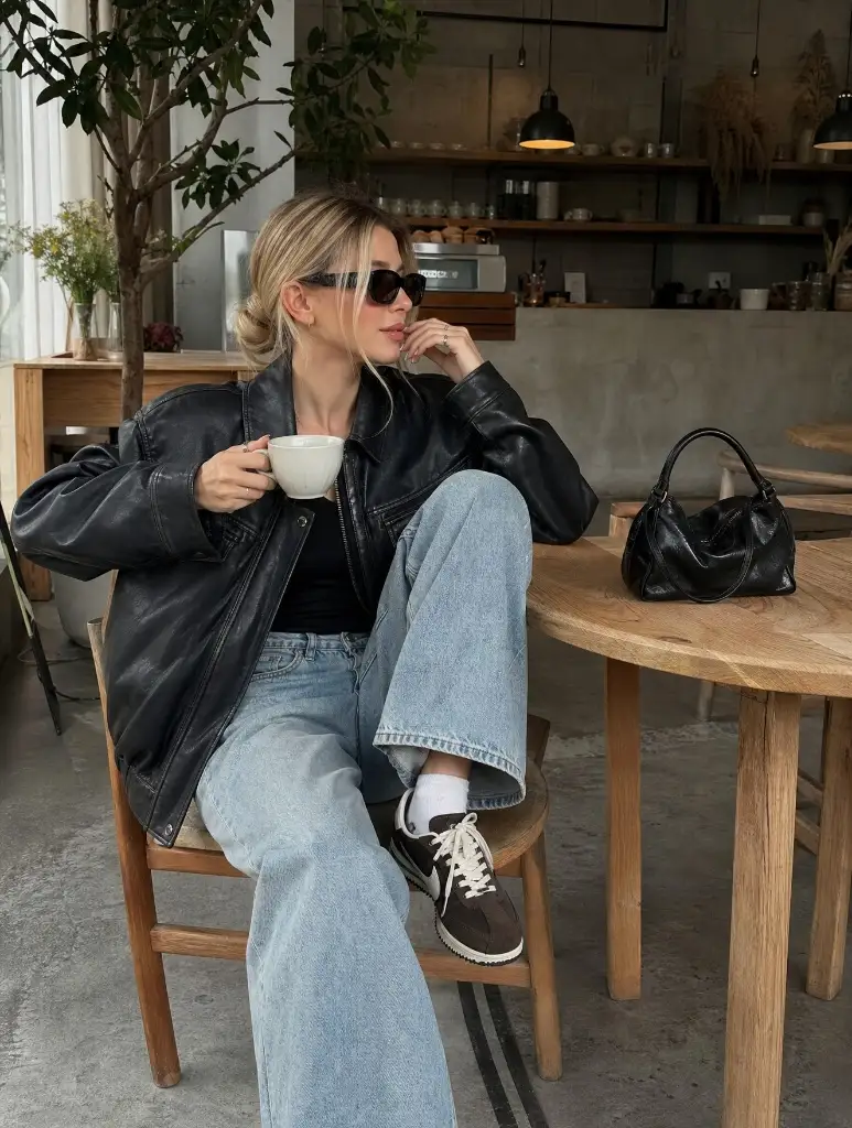 Black leather jacket with crop top and light wash jeans