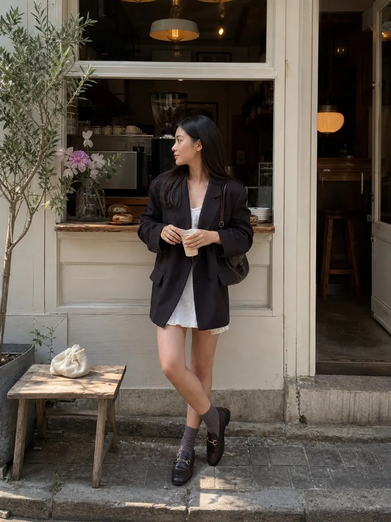 Dark blazer over white mini dress with loafers